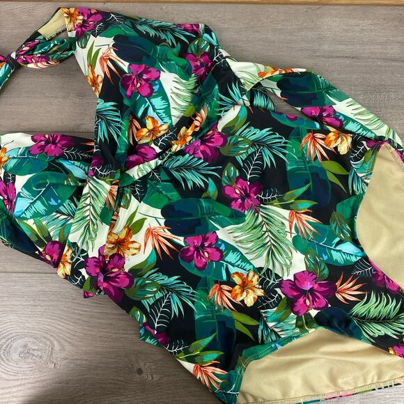 Swimsuits For All Green&Purple Tropical Halter Tie One Piece Swimsuit Sz.16 - Picture 5 of 16